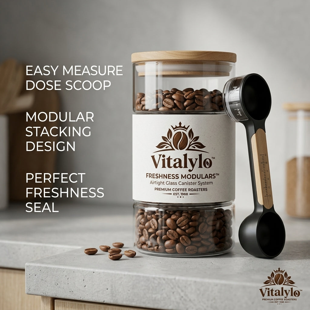 Vitalylo™ Airtight Glass Coffee Canister Set with Easy-Measure Dose Scoop - Modular Stacking Glass Food Storage Container System - Premium Glass Jar for Coffee Beans, Grounds, Tea, and Sugar with Wooden Lid