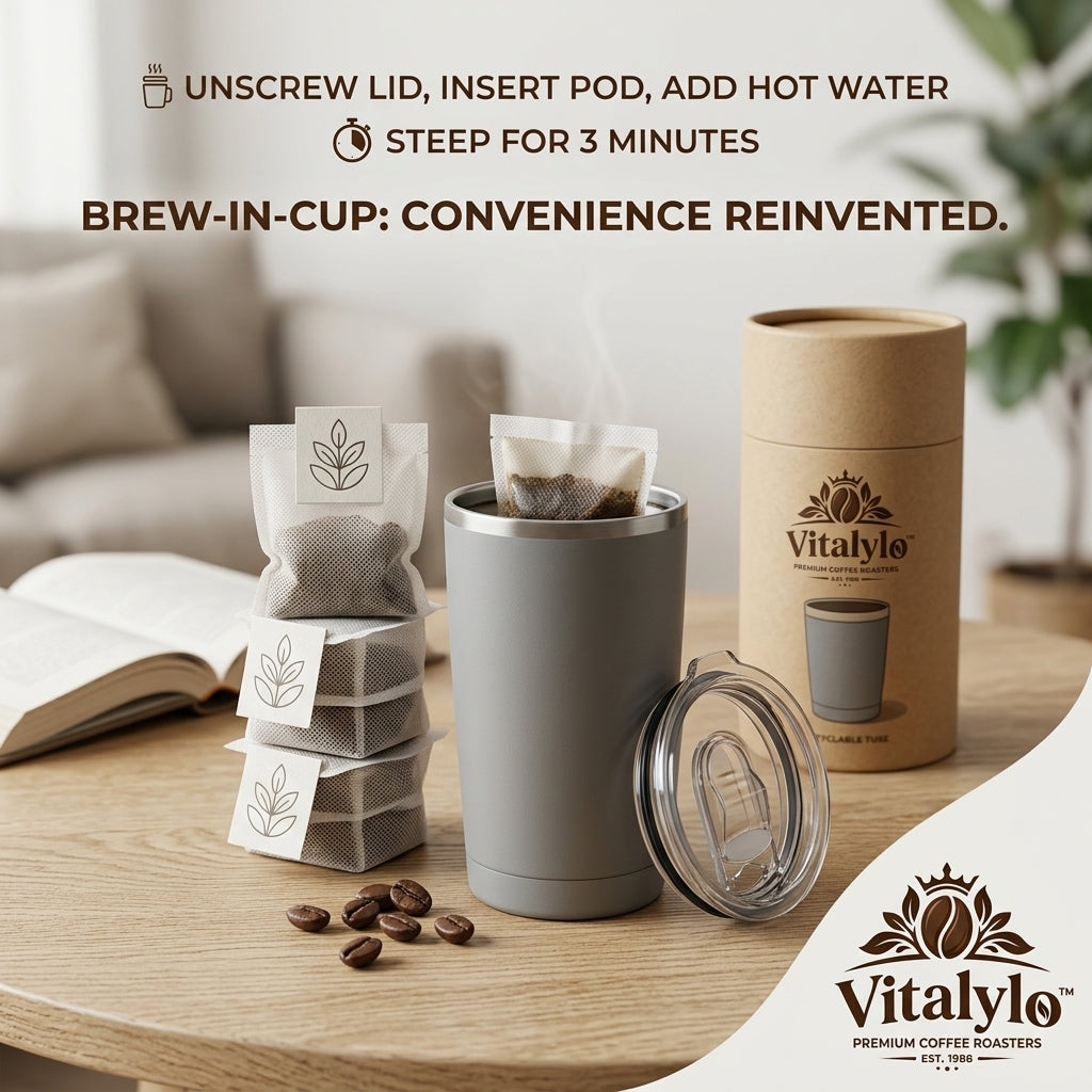 Vitalylo™ Premium Steepable Coffee Brew-in-Cup System – Gourmet Single-Serve Coffee Pods with Insulated Travel Mug – 3-Minute Mess-Free Coffee Brewing for Home, Office, and Travel (Est. 1988)