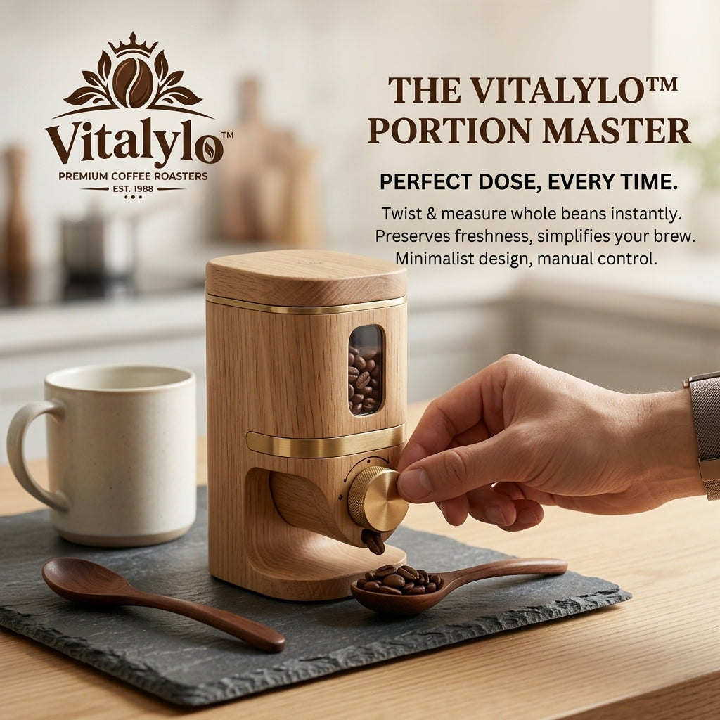 Vitalylo™ Portion Master - Manual Wooden Coffee Bean Dispenser and Precision Portion Control Measuring Tool, Minimalist Single-Dose Bean Counter & Freshness-Preserving Storage for Espresso, Drip, and Pour-Over Coffee