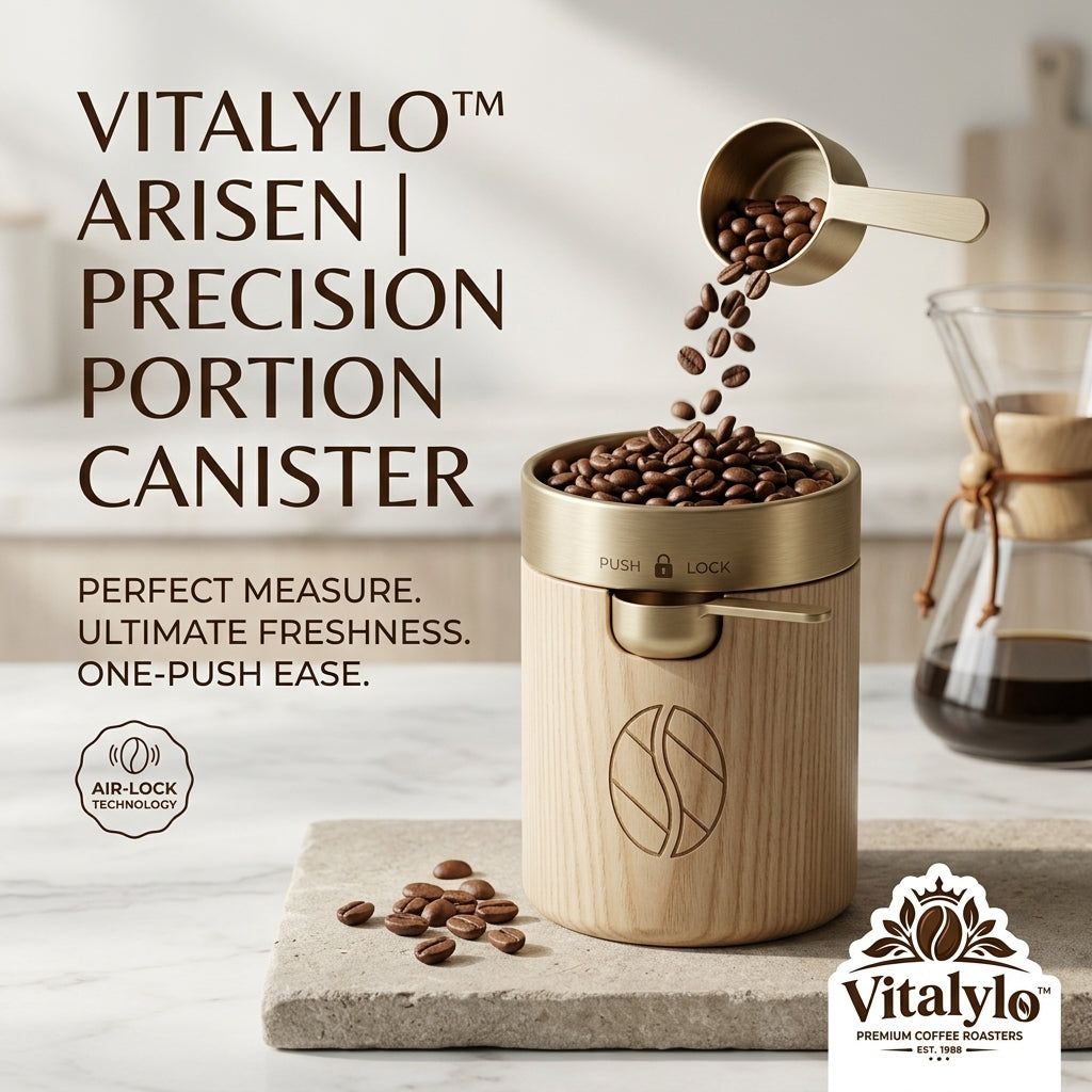 Vitalylo™ Arisen Airtight Coffee Canister | Premium Hardwood Coffee Bean Storage Container with Integrated Gold Measuring Scoop | Advanced Air-Lock Vacuum Seal Preservation for Specialty Coffee & Espresso