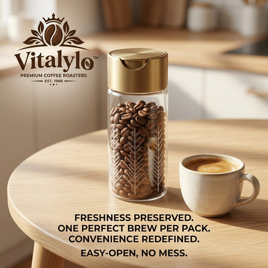 Vitalylo™ Premium Glass Coffee Bean Storage Canister - Single Dose Airtight Coffee Cellar with Brushed Gold Easy-Pour Dispenser Lid, Freshness Preserved Coffee Bean Keeper & Barista Organizer