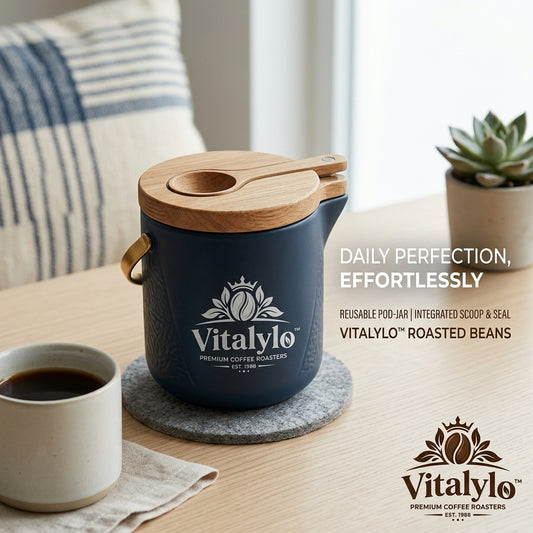 Vitalylo™ Airtight Ceramic Coffee Canister - Premium Coffee Bean Storage Jar with Integrated Wooden Scoop and Seal Lid, Reusable Pod Holder Container with Carry Handle for Kitchen Countertop Decor
