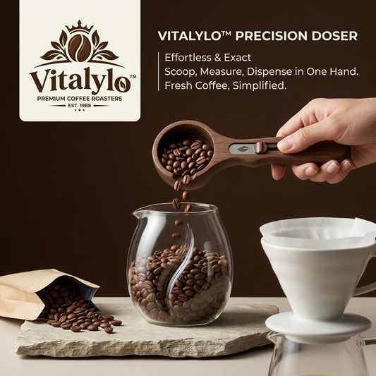 Vitalylo™ Premium Wooden Coffee Scoop and Precision Doser - Adjustable Measuring Spoon & One-Handed Coffee Bean Dispenser for Espresso, Pour Over, and French Press | Elegant Barista Tools